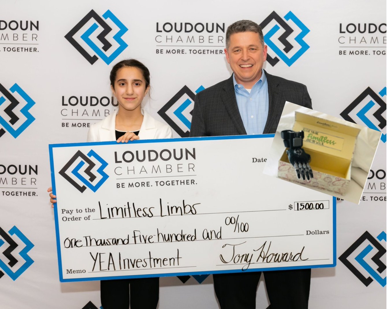 An Orblynx student receiving a Limitless Limbs venture investment award from the Loudoun Chamber