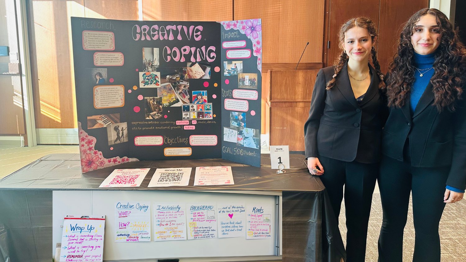 Students presenting their Creative Coping project board